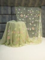 Pista Green Chiffon Saree with Floral Handprint & Handwork