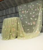 Pista Green Chiffon Saree with Floral Handprint & Handwork - Image 3