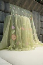 Pista Green Chiffon Saree with Floral Handprint & Handwork - Image 2