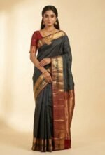 Pure Kanjivaram Silk Handloom Black Plane Saree - Image 2