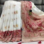 White & Rani Kattan Silk Saree With Mirror & Diamond Work