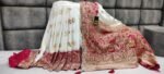White & Rani Kattan Silk Saree With Mirror & Diamond Work