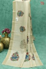 Elegant Ivory Tussar Silk Madhubani Saree - Image 2