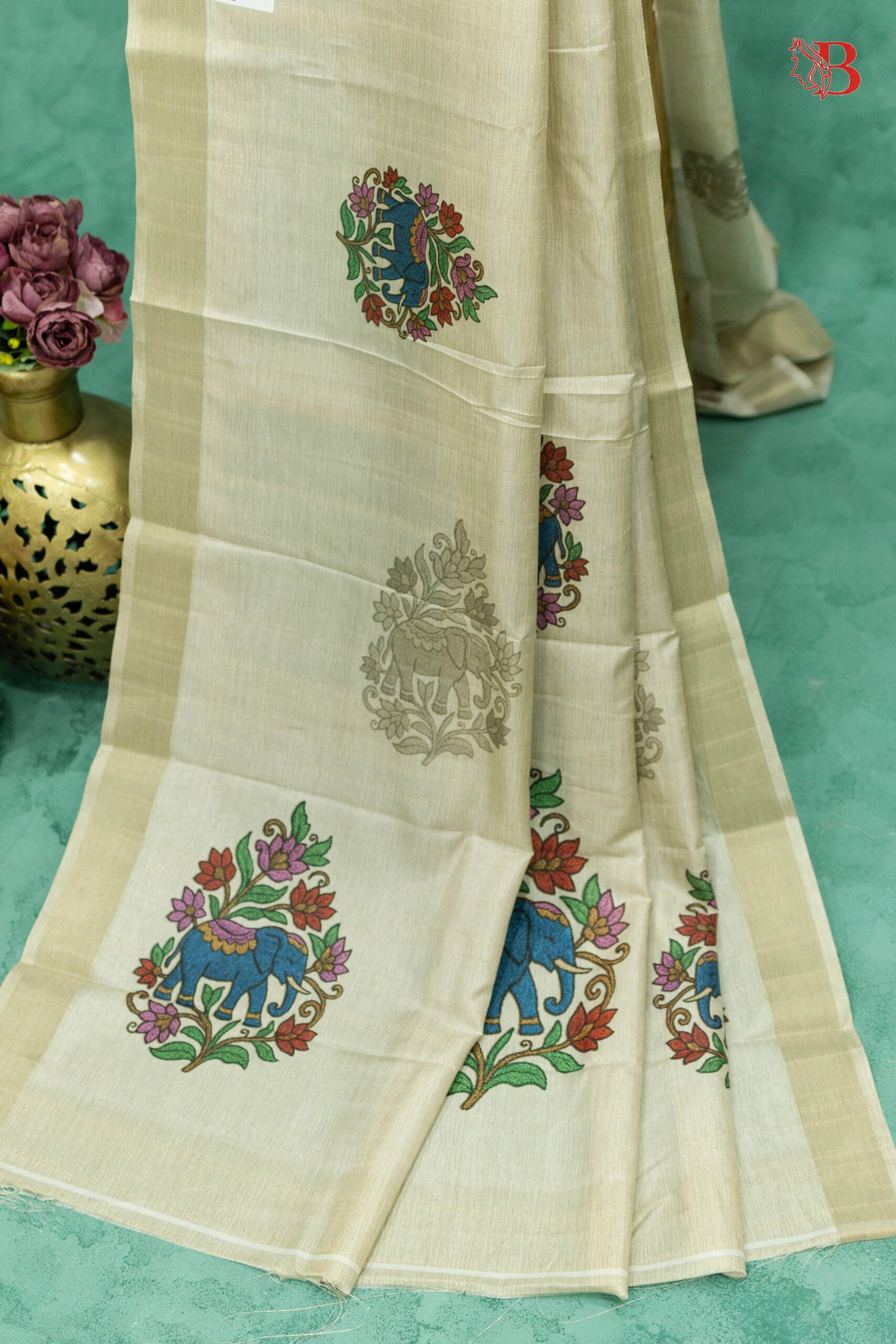 17 Elegant Ivory Tussar Silk Madhubani Saree - Image 1
