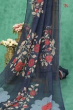 Handcrafted Mirror Work Linen Saree - Image 2
