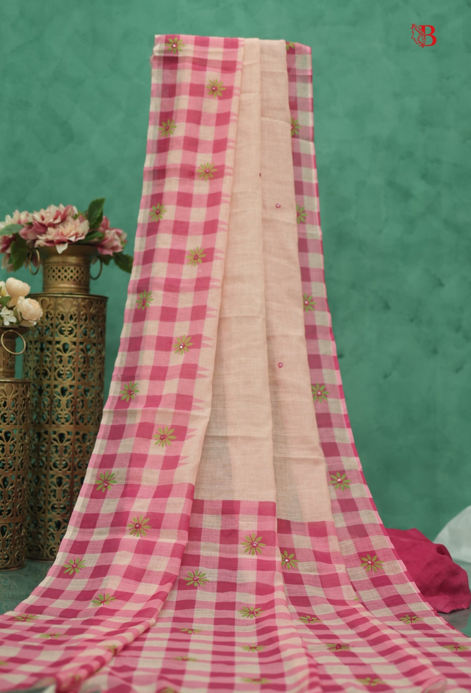 4F0A2666 Mirror Work Linen Saree - Image 1