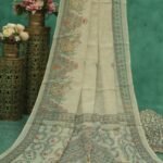 Artistic Madhubani Style Linen Saree With Mirror Work