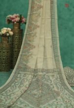 Artistic Madhubani Style Linen Saree With Mirror Work