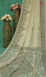 Artistic Madhubani Style Linen Saree With Mirror Work - Image 2