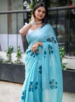 Elegant Floral Print Linen Saree - Image 2