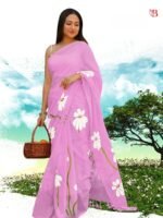 Elegant Floral Print Linen Saree