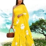 Elegant Floral Print Linen Saree