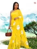 Elegant Floral Print Linen Saree