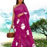 Elegant Floral Print Linen Saree