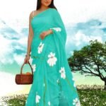 Elegant Floral Print Linen Saree