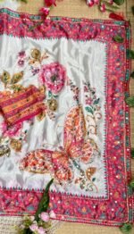 Elegant Floral Kalamkari Print Saree with Embroidered Border - Image 2