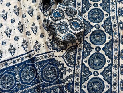 Traditional Ajrakh Print Saree with Hand Mirror Work