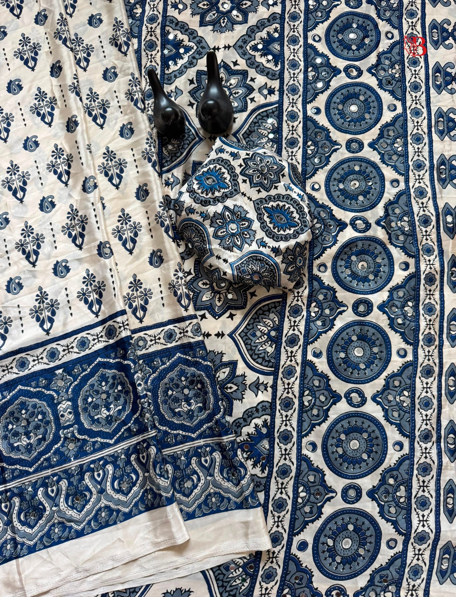 WhatsApp Image 2026-08-12 at 00.55.17 Traditional Ajrakh Print Saree with Hand Mirror Work - Image 1