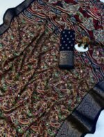 Traditional Kalamkari Print Silk Saree with Mirror Work & Zari Border - Image 2