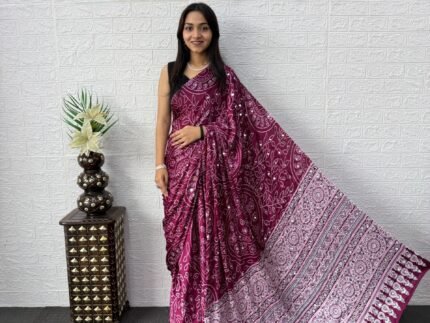 Traditional Bandhani Print Silk Saree with Mirror Work & Ajrakh Paluu